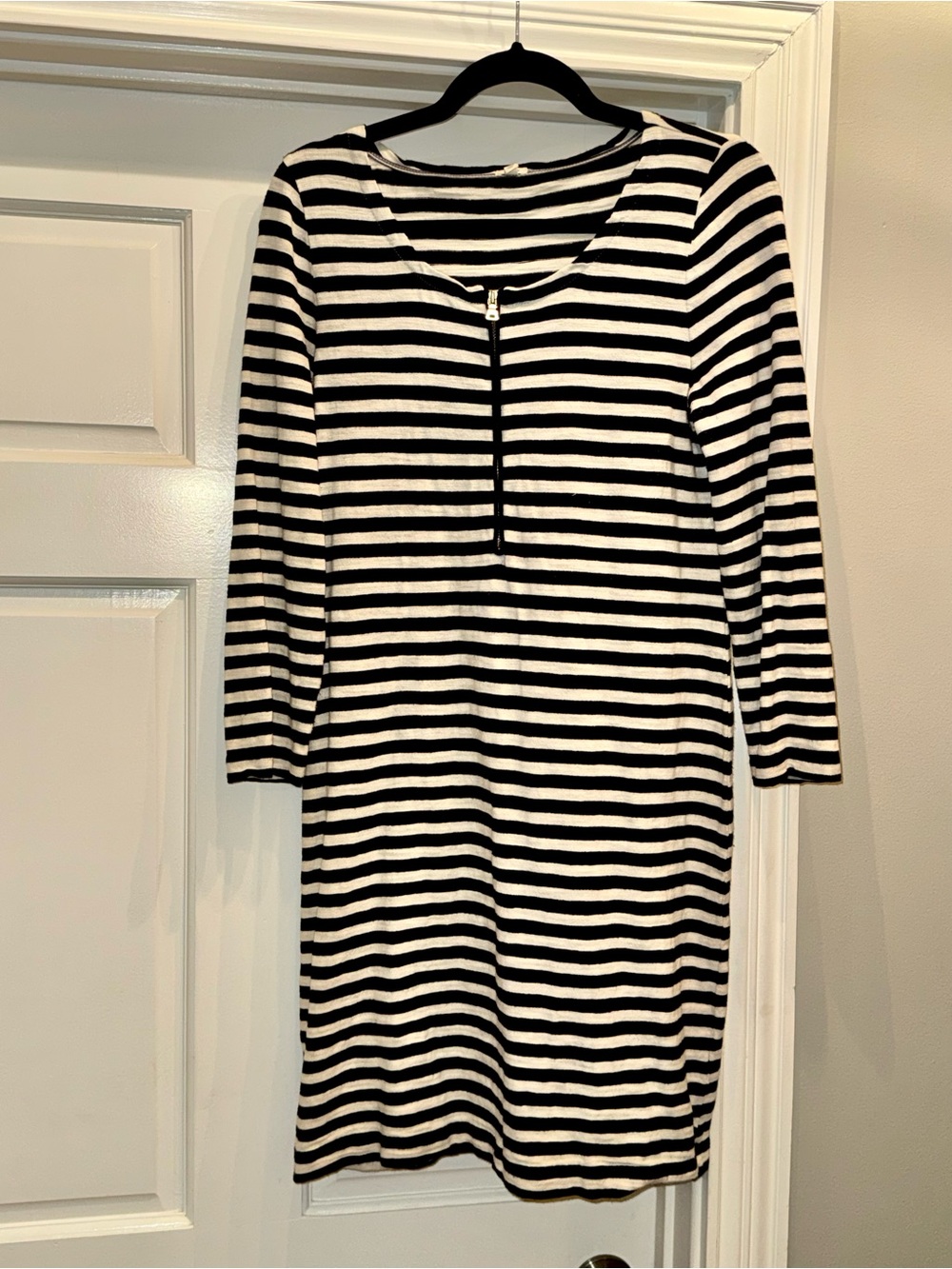 J. Crew Black and White Striped Long Sleeve Zip Dress